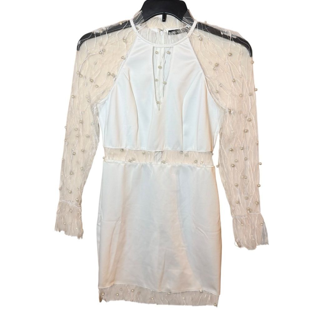 BANJUL White Lace Sheer Mesh Long Sleeve Mini Dress w/ Faux Pearls & Cut-outs- L